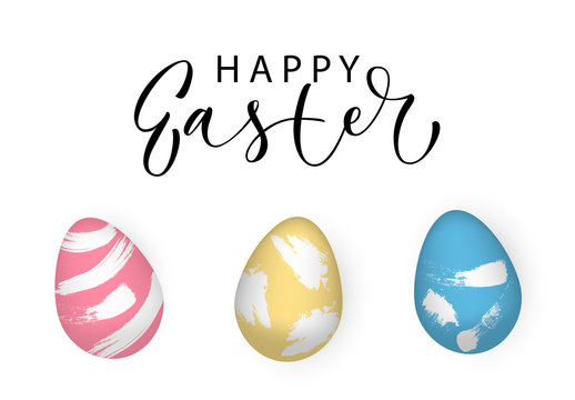 Happy Easter - banner with calligraphic sign and realistic eggs.