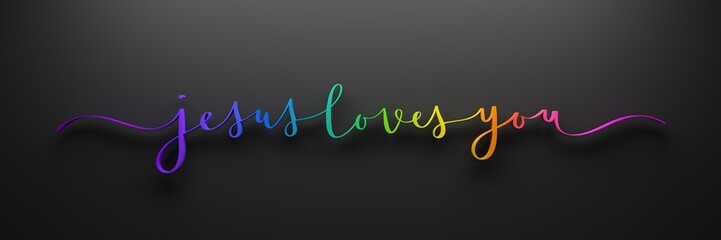 3D render of rainbow-colored JESUS LOVES YOU brush calligraphy on dark background