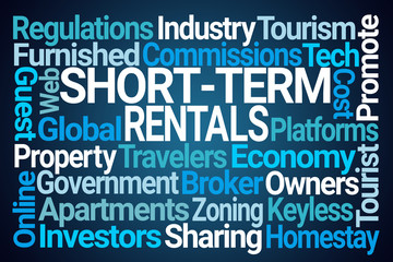 Short Term Rentals Word Cloud on Blue Background