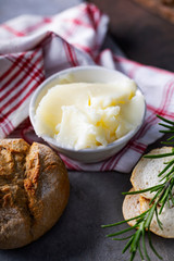 Rustic composition with tasty, homemade lard. Traditional delicacy made of pig fat.