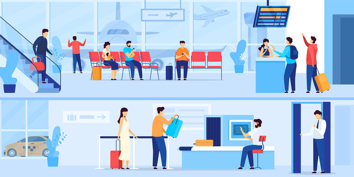People waiting in airport, security check and registration for flight, vector illustration. Passengers in airport terminal, men and women travel with baggage. Airline check in desk and waiting hall