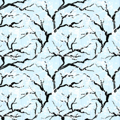 Blooming tree painted in japanese style, seamless pattern