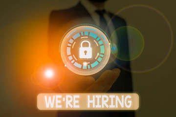 Word writing text We Re Hiring. Business photo showcasing recently you employ someone or pay...