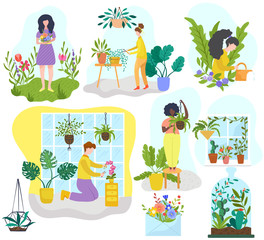 People growing houseplants and flowers, gardening hobby vector illustration. Cartoon characters, men and women watering plants at home. Set of stickers with decorative greenery, flowerpots houseplants
