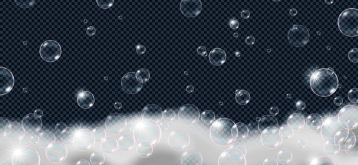 Soap foam bubbles isolated on transparent background. Realistic looking vector illustration. - obrazy, fototapety, plakaty