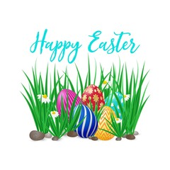 Cute vector card Happy Easter with green grass, spring flowers and decorated eggs. Easter poster with grass meadow, blooming daisy flowers and eggs. Card design, template on white background.