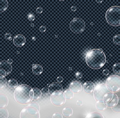 Soap foam bubbles isolated on transparent background. Realistic looking vector illustration.
