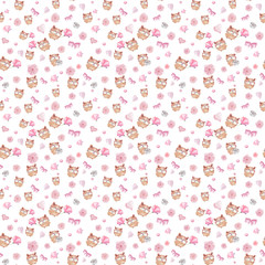 Hamsters with hearts and flowers watercolor pattern