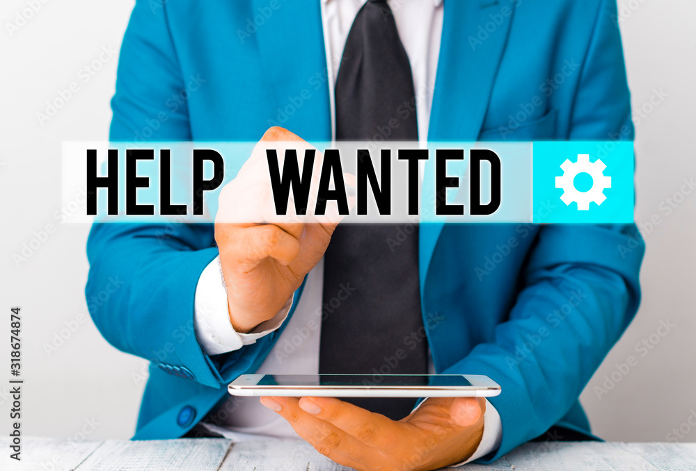 Poster writing note showing help wanted. business concept for an ad in the paper an employer places to find
