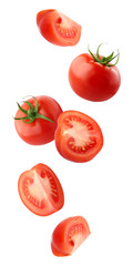 falling tomatoes isolated on a white background with a clipping path. - obrazy, fototapety, plakaty