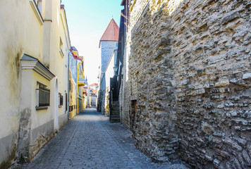Medieval narrow street in Tallinn. Stone wall and road.