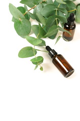 Eucalyptus essential oil in a bottles and  eucalyptus leaves on white background top view. Natural cosmetics, medical  products. Flat lay, copy space. 