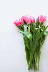 Bouquet of beautiful pink tulips on a white background, top view