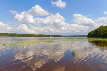 Picturesque clouds are reflected in the water of the Volga. The bottom of the river is visible through the clear water. The panorama is made in warm summer weather. Ivanovo region, Russia.