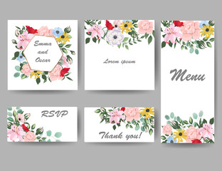 Fototapeta na wymiar Floral vector template for invitation. Botanic cards with spring flowers. Hand drawn illustration. 