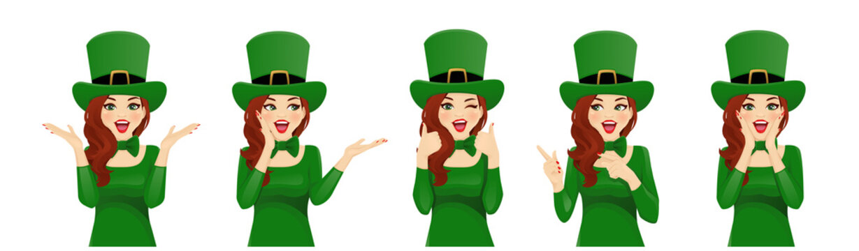 Surprised St Patrick Day beautiful woman in leprechaun party hat costume. Isolated vector illustration
