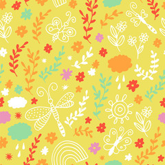 Seamless flowers pattern, floral vector background, baby cartoon doodle pattern, endless texture for textile