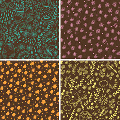 Seamless flowers patterns set, floral vector background, baby cartoon doodle pattern, endless texture for textile