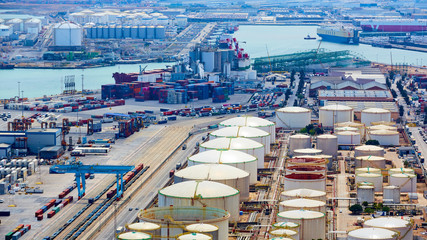 Barcelona, Spain - April 8, 2019: Industrial Port for freight transport and global business.