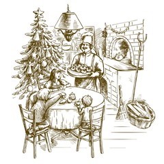 Christmas greeting card. freehand sketch on a gray background