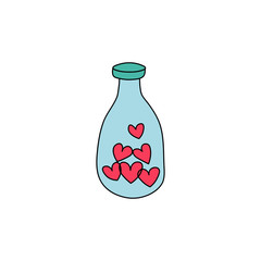 Hand drawn bottle filled with hearts flat vector icon isolated on a white background.Valentine's day concept gift.Love potion illustration.