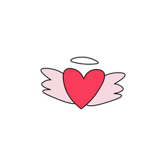Hand drawn heart with a wing flat vector icon isolated on a white background.Heart flying.Valentine's day concept.