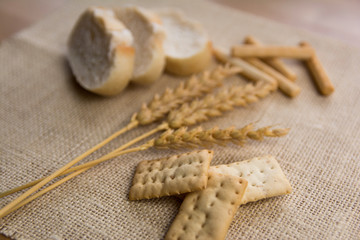 Bakery. Dry bread, slices of bread, bread sticks and wheat branches, on a linen napkin. Close up and depth of field