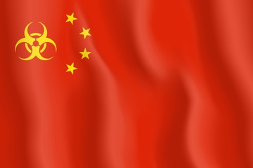 China Flag and Epidemic Sign. Biohazard sign on chinece flag. Concept of coronavirus epidemy in China. 3D vector illustratiıon.