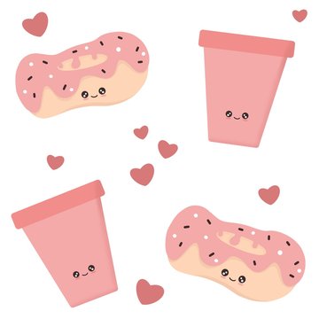 cute cartoon seamless pattern background  illustration with character donuts, hearts and coffee cups