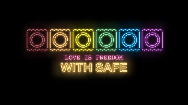 Love is Freedom with Safe text and sign neon light on black background, holidays and international calendar events, sales and marketing 3D neon light animation and motion graphic.