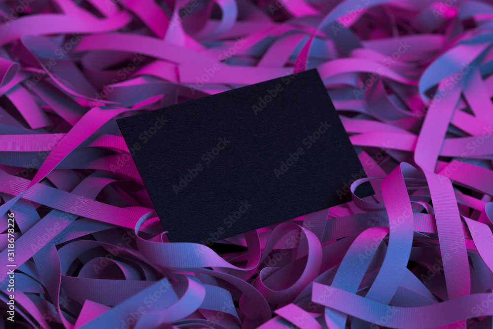 Poster black blank business card on violet illuminated ribbons. 3d rendering. copy space. empty space.