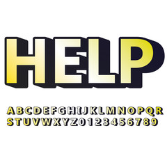 vector 3d yellow font alphabet and numbers, help word on white