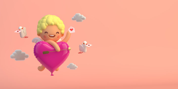 3D-illustration cupid with heart shape balloon and doves