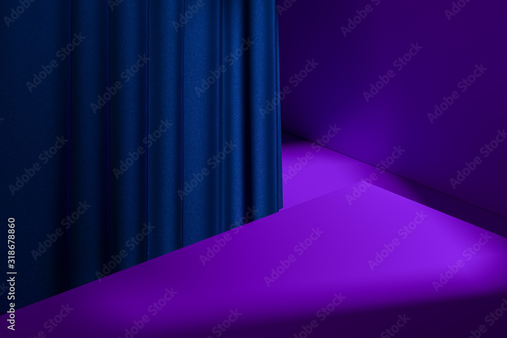 Poster showcase with empty space on pedestal with violet curtains on background. 3d rendering. minimalism. 