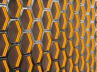 Glowing hexagonal cells on a gray background. Abstract background with geometric structure. Texture with honeycombs. 3d rendering