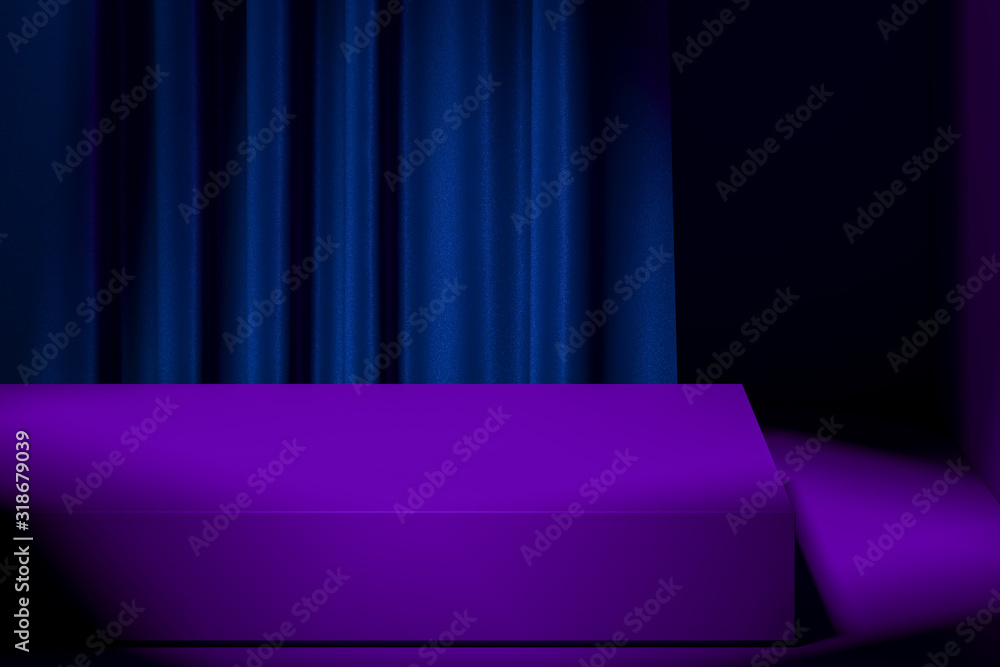 Poster slightly illuminated showcase with empty space on pedestal with violet curtains on background. 3d re