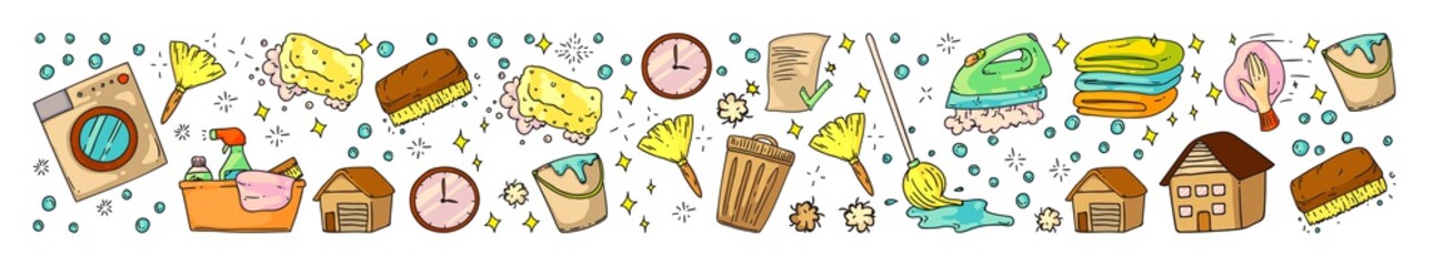 Cleaning services company vector pattern. Icons in doodle style. Painted, colorful, pictures on a piece of paper on white background.