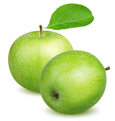 Isolated green apples. Two whole green apple with green leaf isolated on white background with clipping path