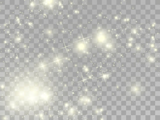 White sparks and golden stars glitter special light effect. Vector sparkles on transparent background. Christmas abstract pattern. Sparkling magic dust particles