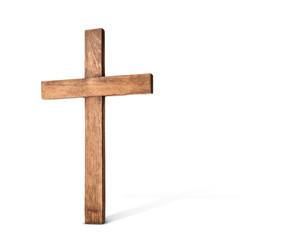 Wooden cemetery cross on white background