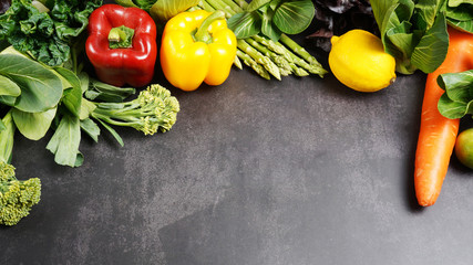 Fresh organic vegetables background on table, Healthy food concept top view.