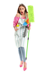Funny housewife on white background