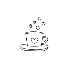 Hand drawn tea cup flat vector icon isolated on a white background.Hearts flying from tea cup.Valentine's day concept.