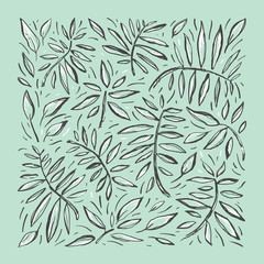 Tropical hand drawn vector sketch pattern with leaves. Abstract exotic stylized plant drawing on a blue backgrounds. Botanical design for cover, textile, t shirt, bag