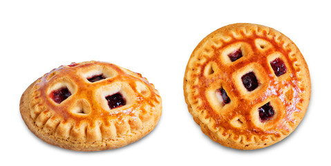 Cookies with strawberry filling on a white isolated background