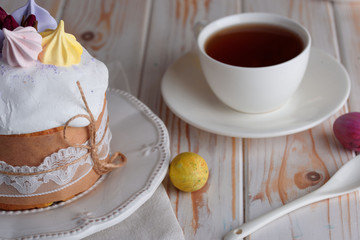 Delicious pastry baking. Easter cake with filling. Quail eggs. Flowers, table, dishes.