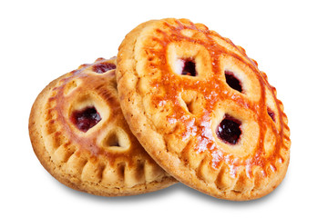 Cookies with strawberry filling on a white isolated background