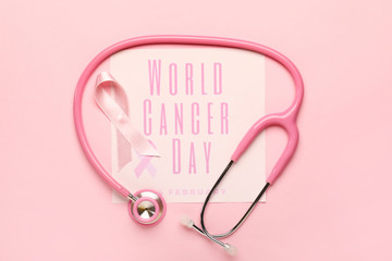 Fototapeta premium Pink ribbon, stethoscope and paper sheet with text WORLD CANCER DAY on color background