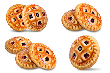 Cookies with strawberry filling on a white isolated background