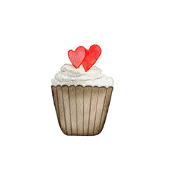 Watercolor illustration of cupcake with hearts. Valentine's Day. Hand-drawn and suitable for all types of design.
